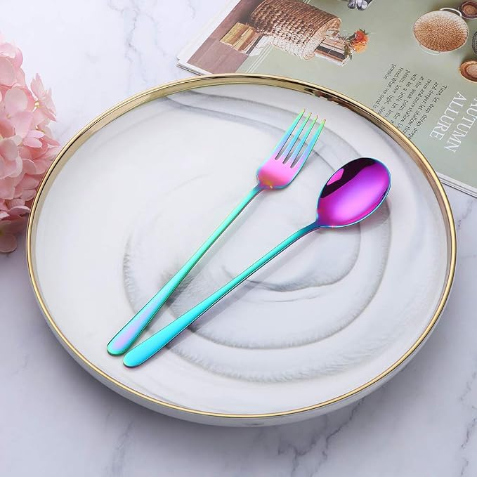 Buyer Star Stainless Steel Korean Chopsticks Spoons and Fork Set, 2 Pack Reusable Forks and Spoons Silverware Korean Utensil Set, Portable Utensils Dinnerware for Home (Rainbow)
