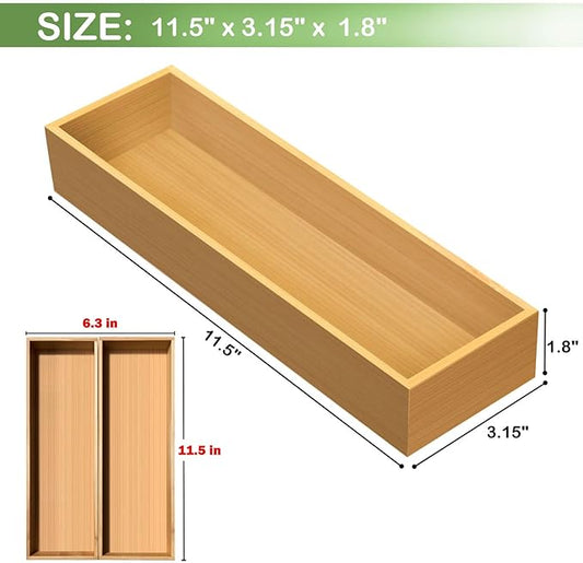 Bamboo Drawer Silverware Organizer, Flatware Organizers, Multi-purpose Bamboo Storage Box for Kitchen, Offices and Dressing table 11.5" x 3.15" x 1.8" (Set of 2)