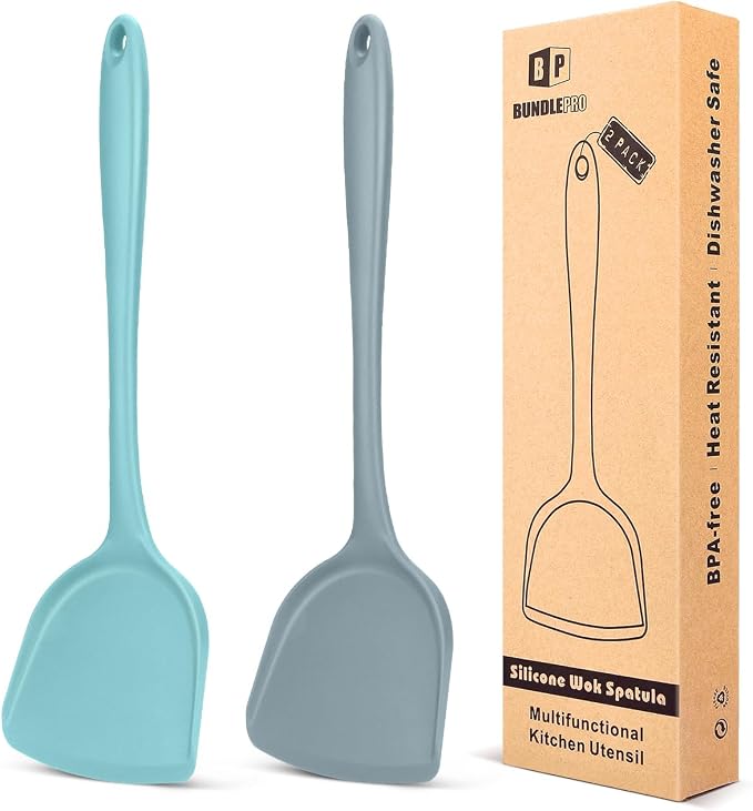 BUNDLEPRO Silicone Seamless Wok Spatula, 2 Pack | Non-Stick, Heat Resistant, Easy to Clean, Dishwasher Safe, Kitchen Utensil for Cooking, Baking, Stir-Fry