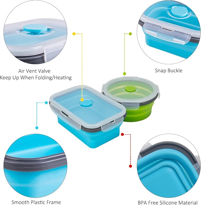 Collapsible Food Storage Containers with Lid & Air Vent, 16 Pack, 8 Rectangular + 8 Round, Annaklin Foldable Silicone Lunch Containers Collapsible Bowls Set, Microwave Freezer Dishwasher Safe, 4-Color