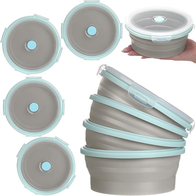 4 Pcs Collapsible Bowls with Lids Silicone Camping Food Storage Container Expandable Folding Salad Lunch Box Travel Container for Hiking Camping