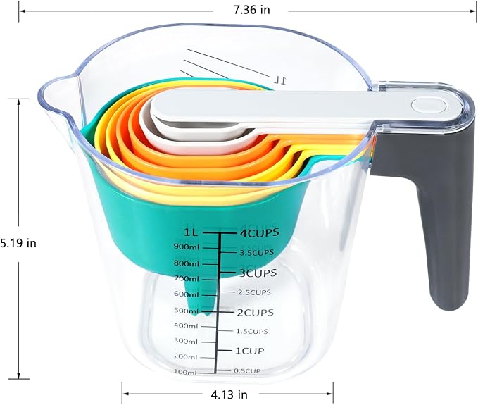 19-Pc Magnetic Measuring Cups and Spoons Set, with Lid, Rainbow | Includes 1 cover, 9 stackable cups set & 9 multicolor magnetic spoons, BPA-free & dishwasher safe, for liquid & dry baking