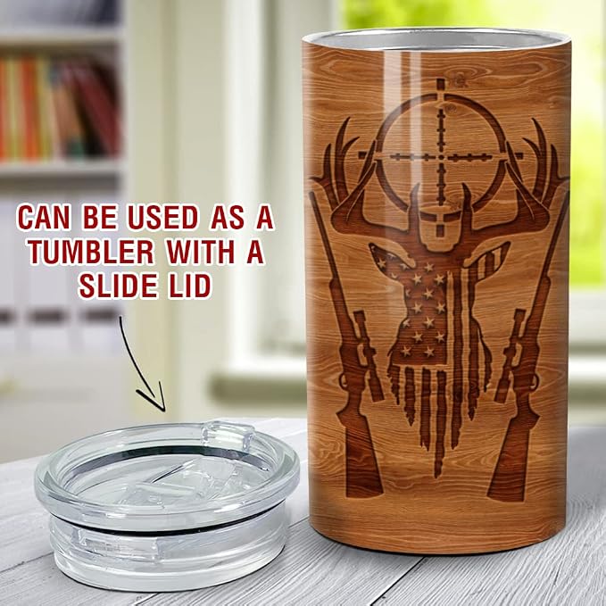 SANDJEST Hunting Tumbler Wood Style American Flag 4 in 1 12oz Tumbler Can Cooler Coozie Skinny Stainless Steel Tumbler Gift for Men Dad Best Friends Hunting Lovers Christmas Birthday Fathers Day