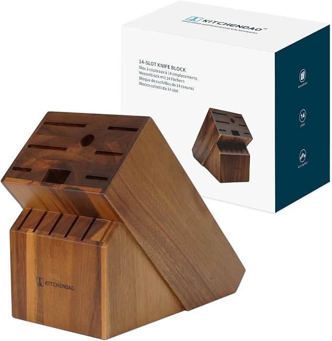 KITCHENDAO 14 Slot Acacia Wood Knife Block without Knives, Universal Knife Holder for Kitchen, Holding Multiple Types of Knives, Countertop Butcher Block Knife Stand for Easy Kitchen Storage