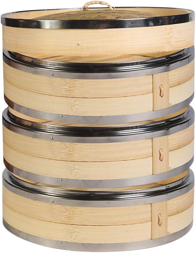 Hcooker. Bamboo Steamer Basket 10.6 Inch 3 Tier Dumpling Steamer Steam Pot | Stainless Steel Reinforced Rim | Sauce Dish, 2 Chopsticks, 3 Cotton Liners | Steamer for Cooking Food Bao Buns Rice Vegetable