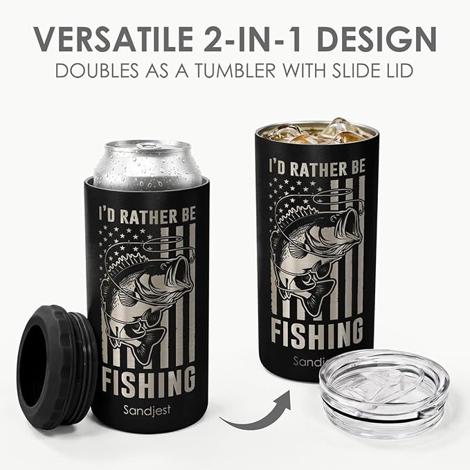 I'd Rather Be Fishing American Flag Can Cooler 12oz - Travel Mug Cup - Stainless Steel Insulated for Men Fishermen - Tumbler Cans Koozie, Gift for Dad Brother Christmas, Birthday, Father's Day
