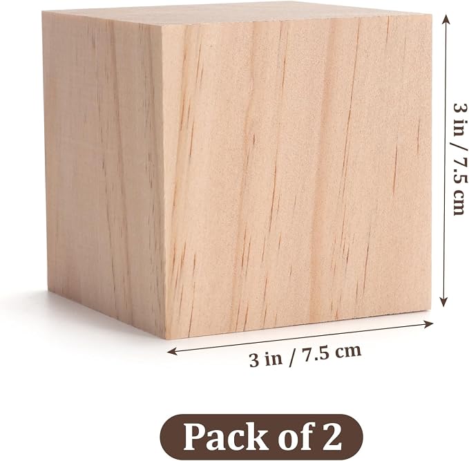 Wooden Cubes Wood Blocks for Crafts 3 inch, 2 PCS Large Blank Wooden Blocks Wood Cubes for Baby Shower, Unfinished Plain Squares for Crafting, Counting Block, Alphabets Letters, Stamps, Dice