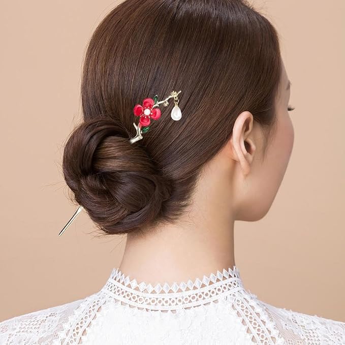 6PCS Butterfly Flower Hair Sticks for Buns Long Hair Chinese Hanfu Asian Vintage Floral Hairpins Hair Chopsticks with Pearl Tassel for Women Girls