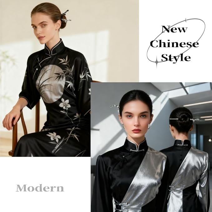 2Pcs Fancy Irregular Wave Metal Hairpin for Women，Modern Chinese Chopsticks For Long Thick Hair Buns Updos，Silver&Gray Headpieces Hanfu Accessory for Styling Daily Cheongsam Costume Gift