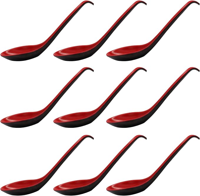 12 Pcs Soup Spoons Long Handle with Hook | Asian Soup Spoons, For Chinese Japanese Dishes, Miso Ramen Dumpling Pho Rice Noodle & Soba Soup, Black and Red