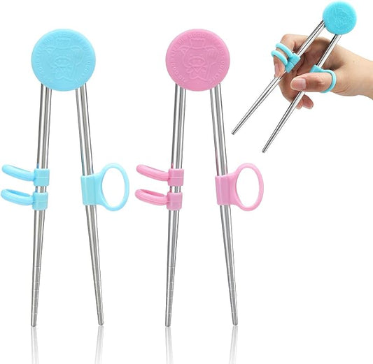 Patelai 2 Pairs Training Chopsticks for Kids, Children Learning Stainless Steel Reusable Metal Chopsticks Helper(Blue, Pink)
