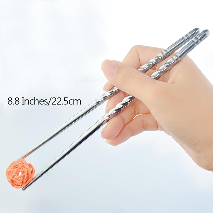 Rbenxia Metal Steel Chopstick Stainless Steel Spiral Chopsticks 8.8 Inches Long Lightweight Chopstick Set Reusable Classic Style for Kitchen Dinner 5 Pairs Silver