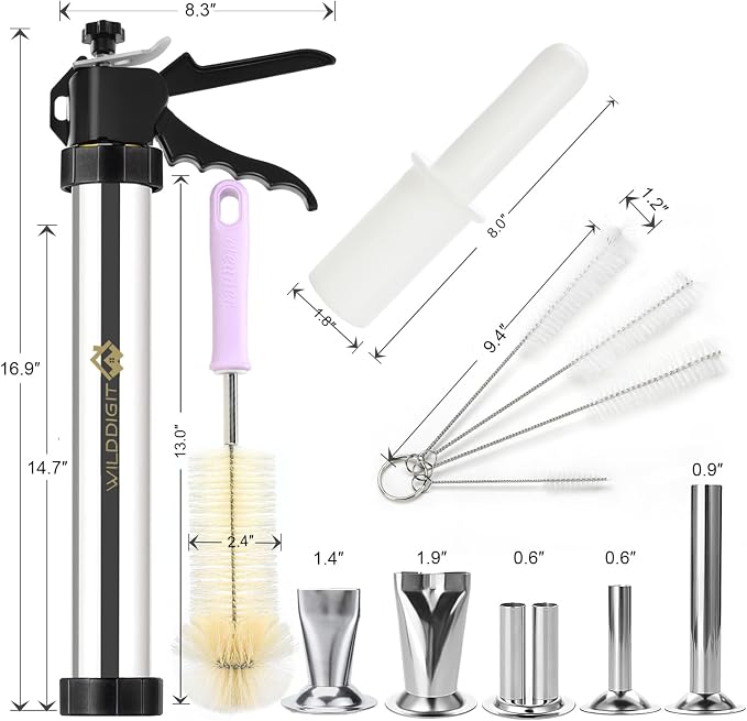 Professional Beef Jerky Gun Kits, Stainless Steel Jerky Maker, Jerky Cannon, Meat Gun with 5 Stainless Nozzles and 5 Brushes