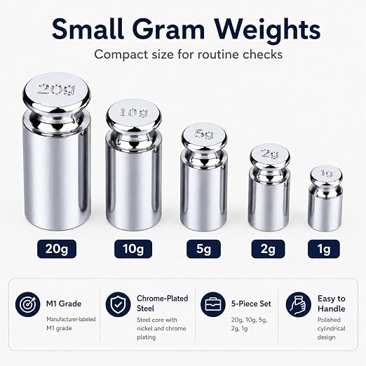 I-MART Calibration Weights Set 1g 2g 5g 10g 20g, M1 Grade Chrome-Plated Steel Small Weights for Digital Scale Calibration, Kitchen Pocket Postal and Craft Use, 5 Piece Gram Set
