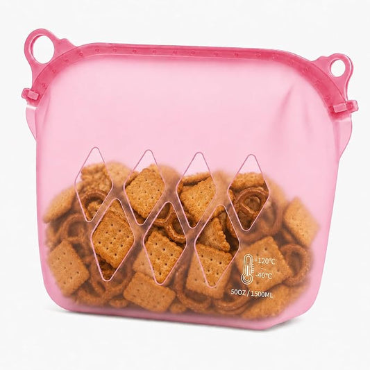 Yosmer Reusable Silicone Food Storage Bag, 50oz/1500ml Food-Grade Silicone Stand-Up Bag with Magnetic Self-Sealing Opening, Clear Windows, Freezer & Dishwasher Safe, Pink, 1 Pack