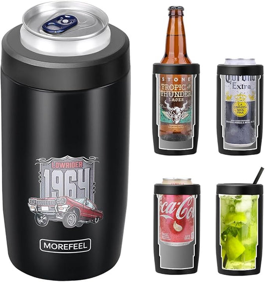 Morefeel 4-in-1 Insulated Can Cooler for 12 oz Cans & Bottles | 304 Stainless Steel Can Holder Fits 12 Oz Slim Cans, Standard Cans, Beer Bottles & Works as A Open Cup; Dishwasher Safe