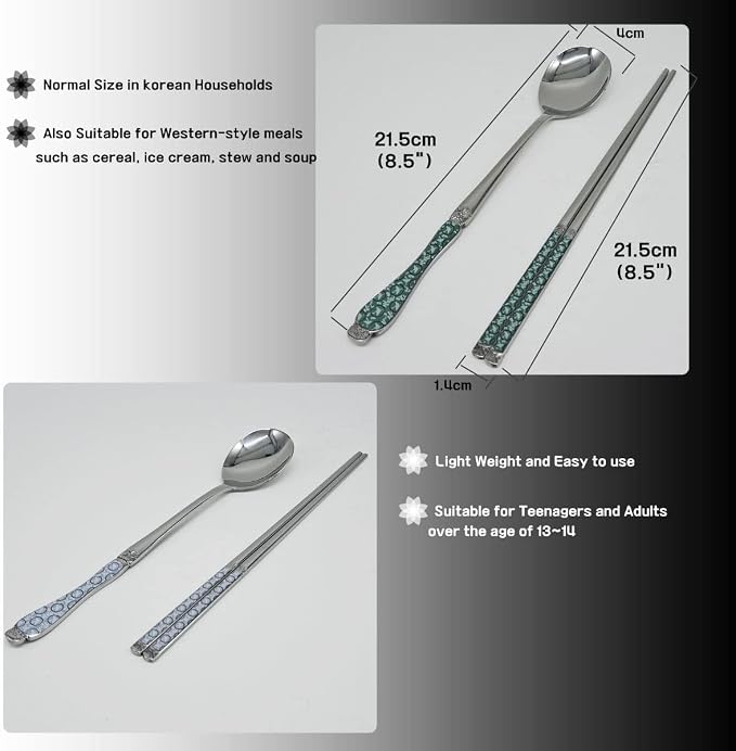 Goryeo Celadon Design Korean Table Sticky Rice Spoon and Chopsticks 430 Stainless Steel Glossy Surface Mukbang Cutlery (White, 5 Sets)