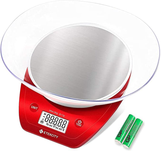 Etekcity Food Kitchen Scale with Bowl, 0.1g, Grams and Ounces | 11lb/5kg capacity with tare, removable bowl, ideal for baking, coffee, meal prep and portion control, Stainless Steel, Red