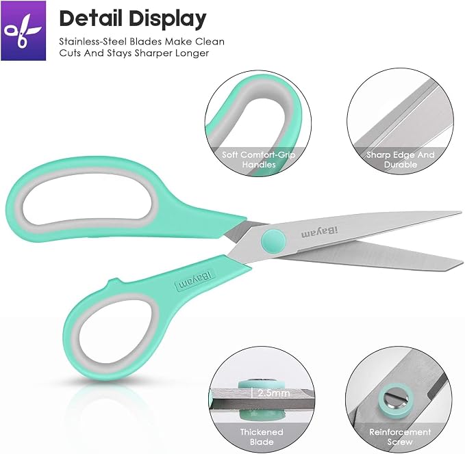 iBayam 36-Pack 8" Heavy Duty Scissors, Sharp Comfort-Grip, Left/Right Hand | Ultra-sharp 2.5mm steel blades, 100,000+ cut durability, comfort-grip handles — perfect for home, school, office & crafts.