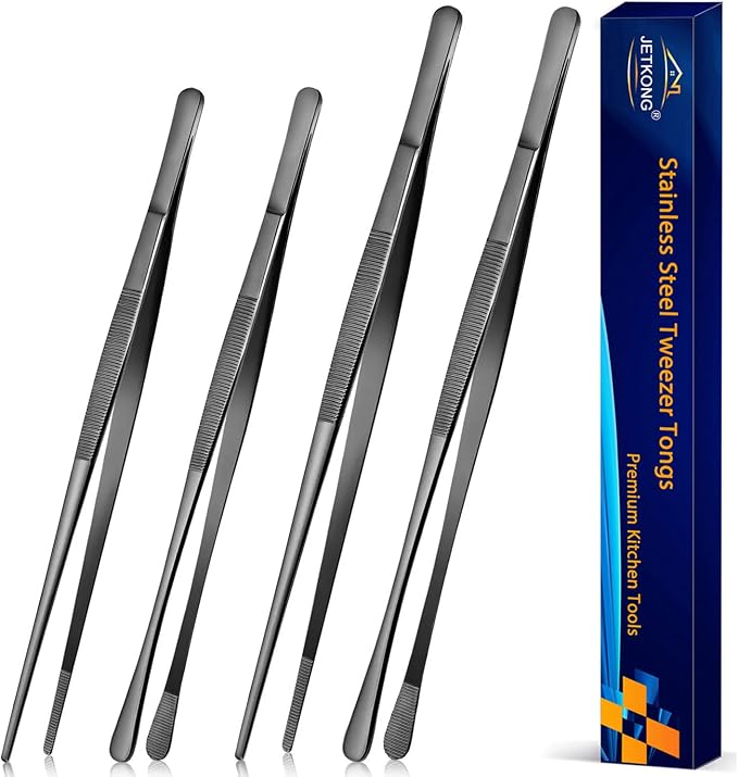 JETKONG 4 Pcs Kitchen Tweezers Professional Stainless Steel Cooking Tweezers Set, Black Kitchen Food Tweezer Tongs for Cooking, Repairing, and BBQ (10+12-Inch, Black)