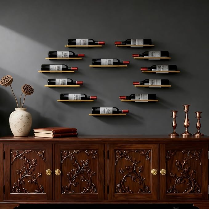 6-Shelf Metal Wall Mounted Wine Rack - Hanging Wine Bottle Holder Organizer for Kitchen, Bar, Home Storage - 6PCS Iron Wine Bottle Display Stand (6PCS-Gold)