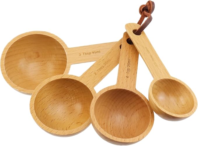10ml, 20ml, 30ml, 45ml Wood Measuring Spoons and Scoops Set Wooden Tablespoon Scoop Retro Coffee Spoons for Dry Ingredients Ground Tea Spice (Wood Color, 2/3 Tbsp + 4 Tsp + 2 Tbsp + 3 Tbsp)