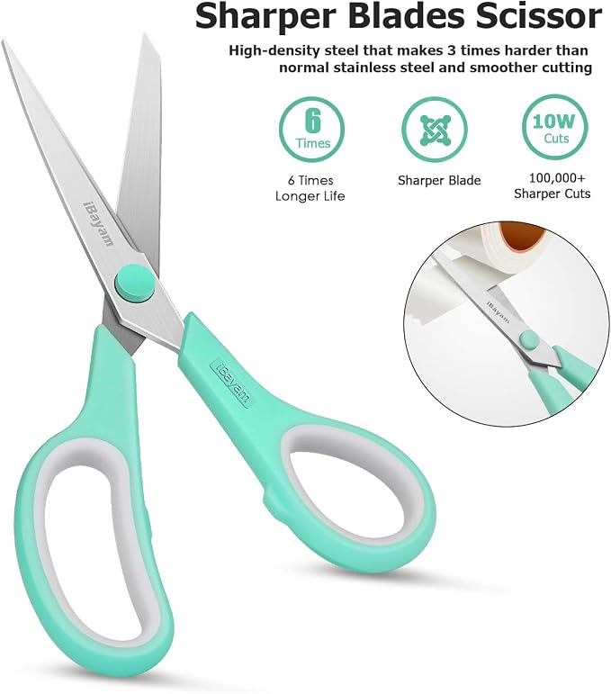 iBayam 8" Heavy Duty Scissors All Purpose for Office School Crafts Sewing | 3-Pack, 2.5mm Ultra Sharp Blades, 100,000+ Cuts, Comfort Grip Handles, Left & Right Handed – Teacher Desk & Classroom Must