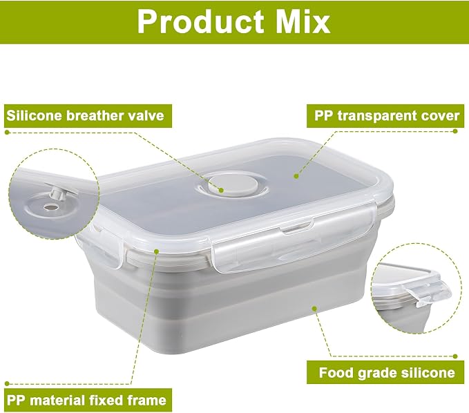 Set of 8 Silicone Collapsible Bowls for Camping with Vent Lid Silicone Storage Containers for Food Meal Preparation Square Bowl Microwave Freezer Dishwasher Safe(Gray,17 Oz/ 500 ml)
