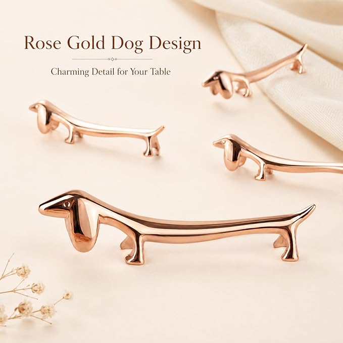 ChezMax Pack of 5 Zinc Alloy Chopsticks Spoon Forks Knives Tableware Rest Set,Rose Gold Dogs