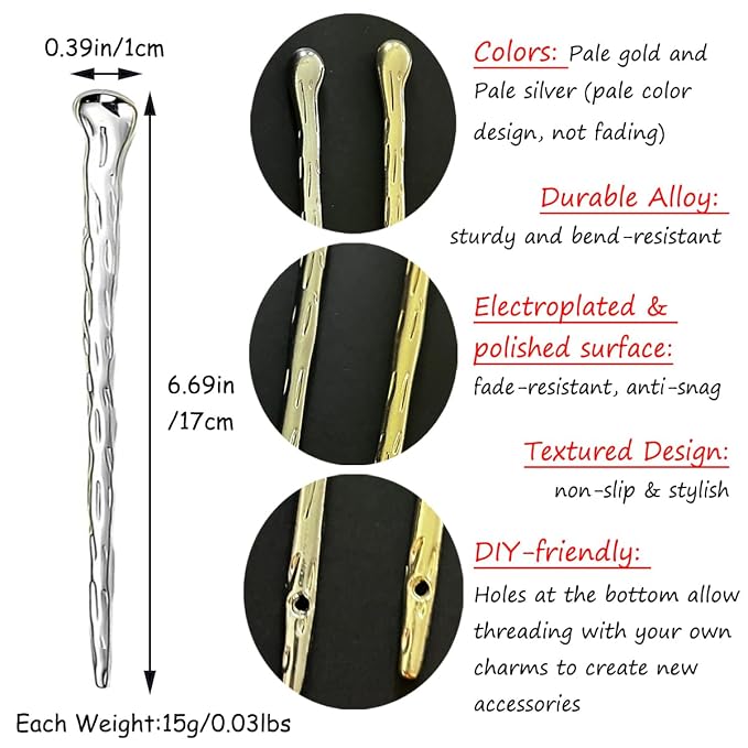 Geometric Alloy Hair Chopsticks, Pale Gold Silver Minimalist Japanese-Style Hair Clasp for Buns, DIY-Charm Compatible Hair Accessories for Women with Long Hair