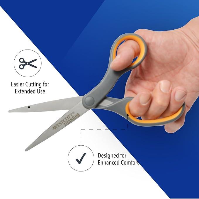 Westcott 8-Inch Titanium Bonded Straight Scissors, Soft Handle, Gray/Yellow, 4-Pack