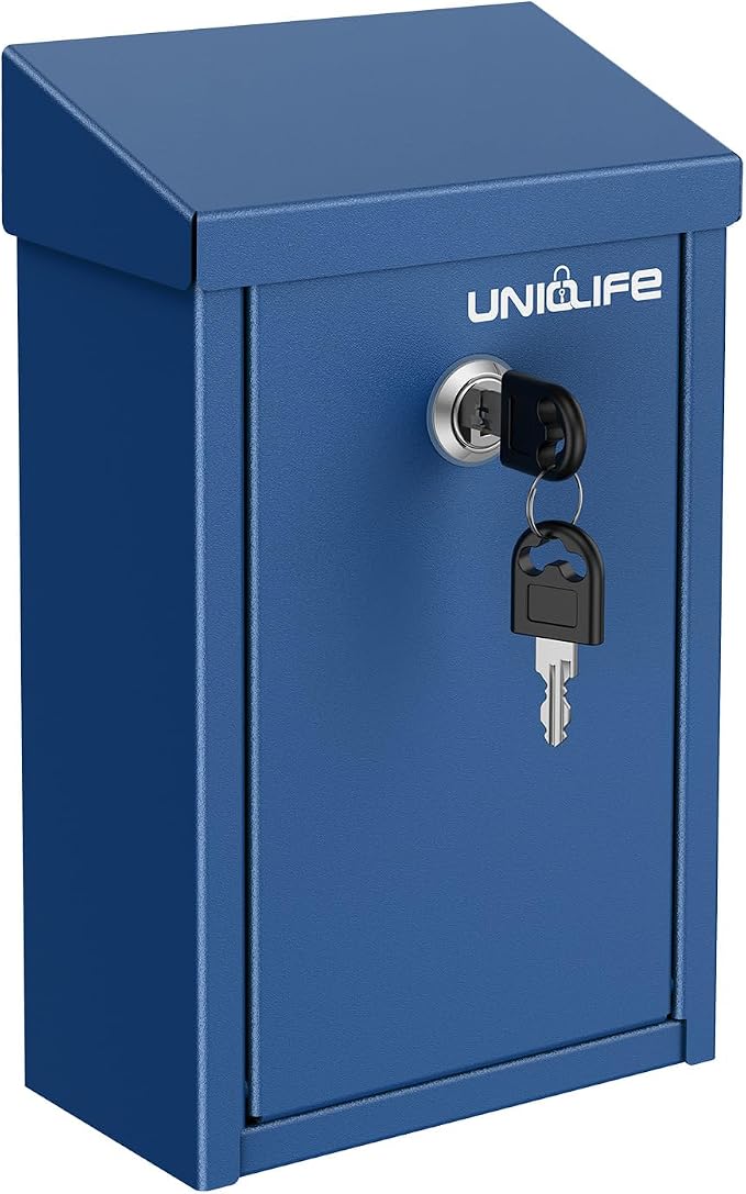 Uniclife Blue Metal Donation Box, Wall Mounted Mailbox for Outside | Safe Suggestion Box with Key Lock, Steel Key Drop Box for Outside, Cash Box for Home Office and Business