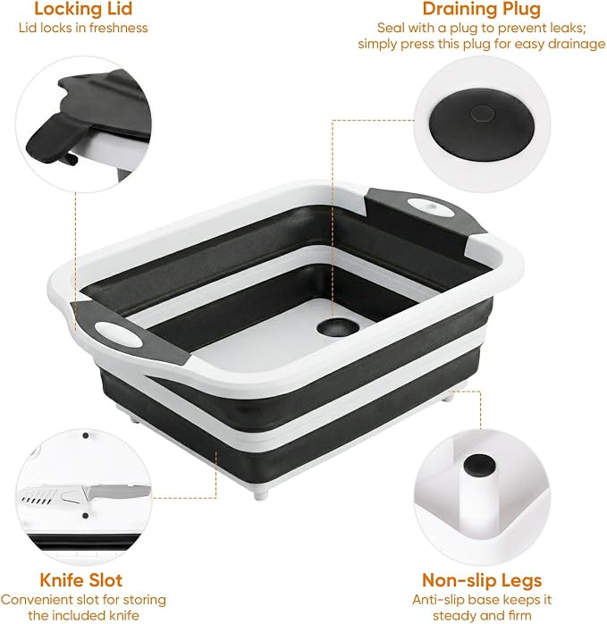 Collapsible BBQ Prep Tub with Lid, Foldable Camping Sink with Colander, Cutting Board, Dish Basin for Kitchen, Bowl, Vegetable and Fruit, Storage Basket for Picnic-Black