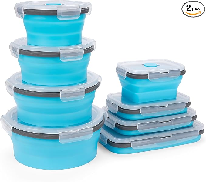 Collapsible Silicone Food Storage Containers Set with Lid & Air Vent, Foldable Lunch Containers, 8 Pack (4 Rectangular + 4 Round Bowls), BPA-Free, Space-Saving
