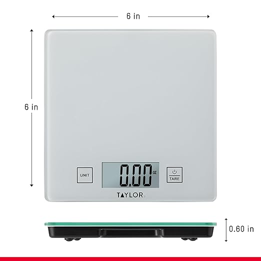 Taylor Compact Glass Kitchen Food Scale, 11 lb Capacity Digital Scale for Baking, Cooking, Meal Prep, Portion Control, Thin Lightweight Design, Easy-to-Read Display, White
