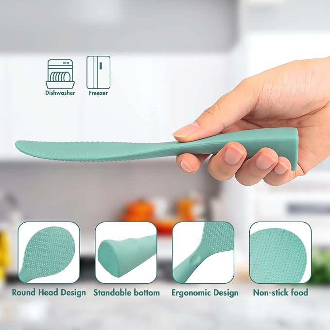 Silicone Standing Rice Spatula with Non-Stick Paddle, Heat Resistant Rice Cooker Spoon, Serving Spoon(Aqua)