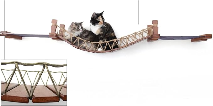 CatastrophiCreations Cat Bridge Wall-Mounted Play and Lounge Toy Cat Tree with Fabric Lounger for Pets - English Chestnut/Charcoal Gray, One Size