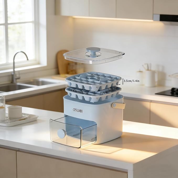 Ice Cube Tray for Freezer with Lid and Bin, Press Type Small Ice Cube Maker 48PCS with Storage Box Tongs, Stackable BPA-Free Silicone Ice Cube Trays for Small Freezer RV Coffee Cocktail Blue