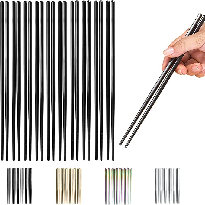 10 Pairs Reusable Chopsticks, Titanium Black Plating Stainless Steel Metal Chop Sticks, Japanese Chinese Korean Chopstick Dishwasher Safe, 8.9 Inch (Black / Chop sticks)