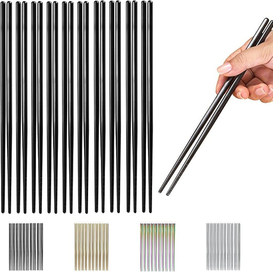 10 Pairs Reusable Chopsticks, Titanium Black Plating Stainless Steel Metal Chop Sticks, Japanese Chinese Korean Chopstick Dishwasher Safe, 8.9 Inch (Black / Chop sticks)