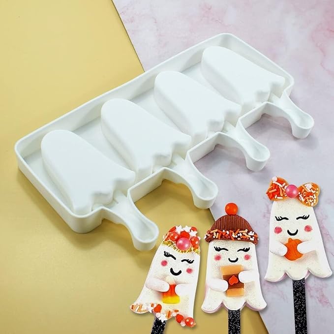 Cute Halloween Ghost Shaped Popsicle Mold Silicone 4 Cavities Ice Pop Molds for Kids Adults Reusable Ice Cream Mold Cake Pop Molds Silicone Popsicle Molds Cake Cakesicle Mold for DIY Ice Pops D