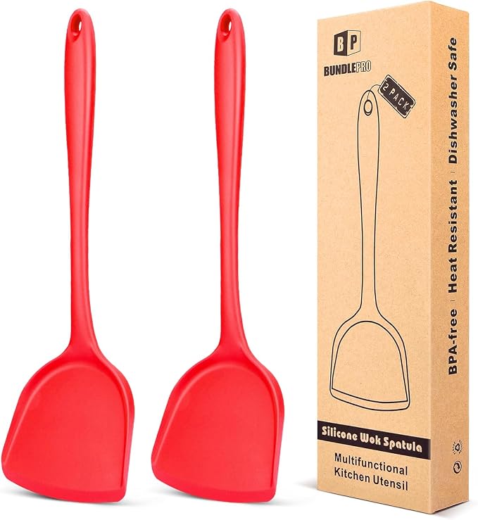 BUNDLEPRO Silicone Seamless Wok Spatula, 2 Pack, Red | Non-Stick, Heat Resistant, Easy to Clean, Dishwasher Safe, Ideal for Cooking, Baking, Stir-Fry