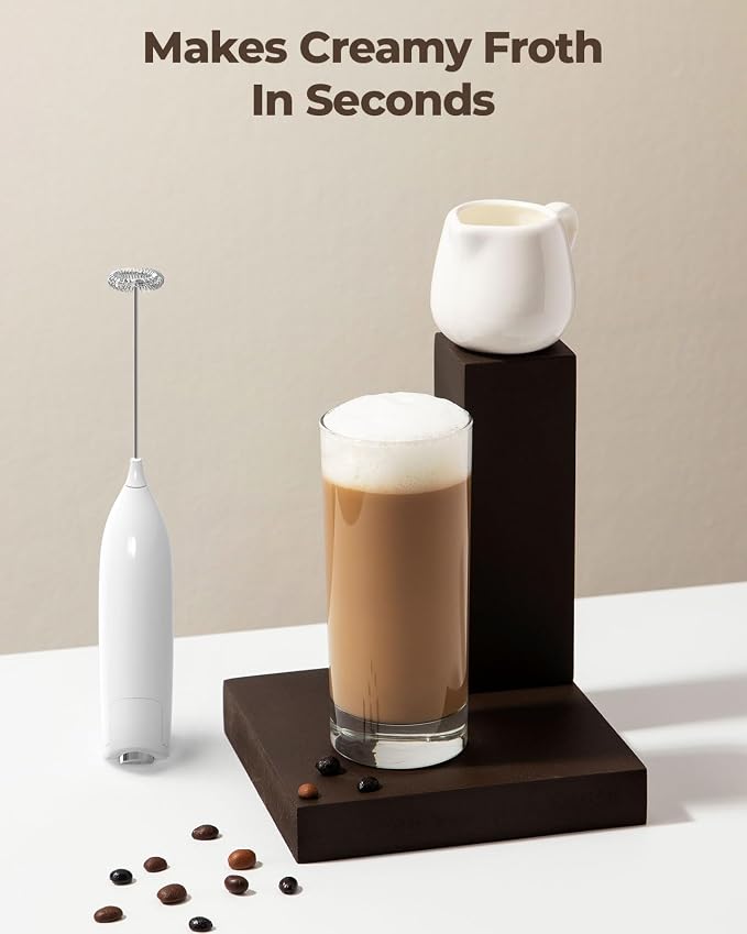 SIMPLETASTE Milk Frother Handheld Electric Foam Maker, Drink Mixer with Stainless Steel Whisk for Cappuccino, Bulletproof Coffee, Latte, Blizzard White, without Stand, Battery Operated