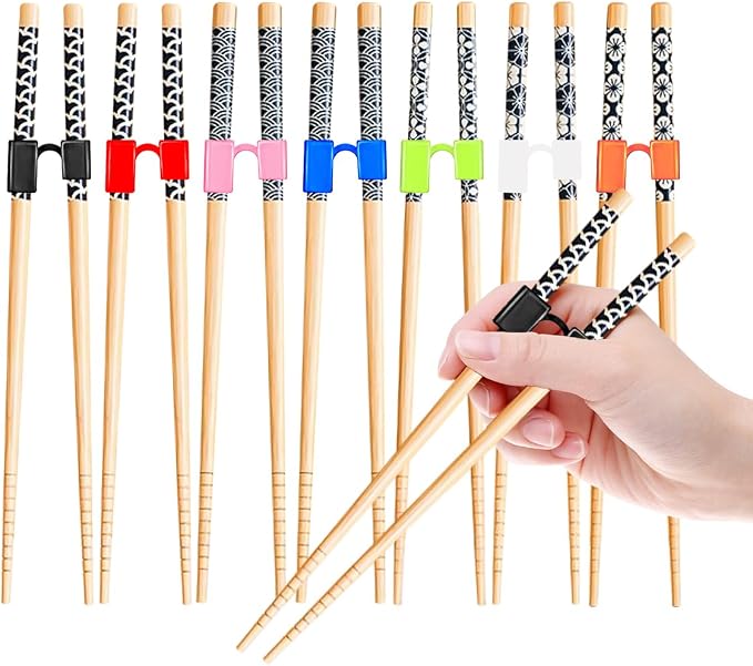 EAEDMY 7 Pairs Training Kid Adult Chopsticks and Trainers for Beginners, Japanese Wooden Beginners Training Chopsticks Helpers Set, Reusable, Dishwasher Safe, L8.86Inch (1.Japanese pattern A)