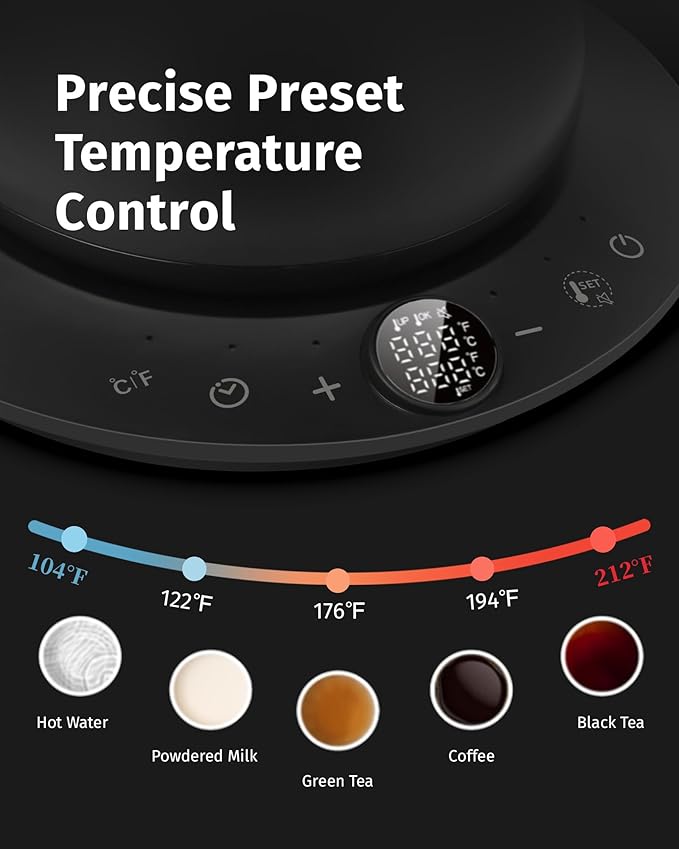 0.8L Gooseneck Electric Kettle, Precise Temperature Control for Pour Over Coffee & Tea, 1200W Fast Boiling Water, Auto Shut Off, Scheduling, Stainless Steel, Black