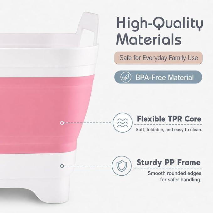 2.4 Gal(9L) Collapsible Dish Basin with Drain Plug, Space Saving Outdoor Multiuse Foldable Sink Tub, Dishpan, Kitchen Storage Tray for Camping, Vegetable Washing, RV (Pink)