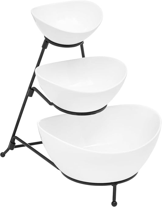 Sheffield Home 3 Tier Stoneware Large Serving Bowls Set with Metal Stand - Microwave & Dishwasher Safe Fruit Bowl & Chip and Dip Servings Set - Serving Dishes for Party, Kitchen & Side Dishes (White)