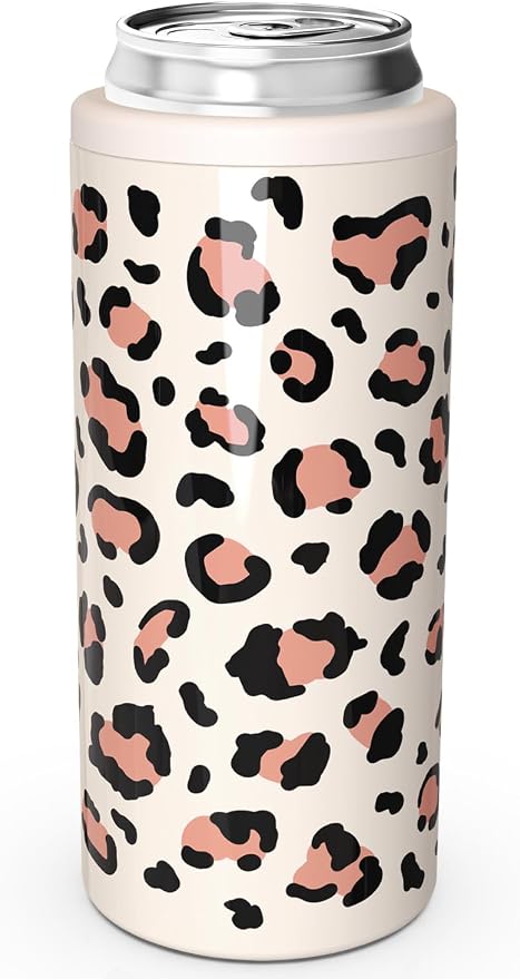TILUCK Skinny Can Cooler, Stainless Steel Insulated Slim Cans, 12 oz | Beer & Hard Seltzer, Doucle-Walled Stainless Steel Insulated Slim Cans, Slim 12 oz(Leopard Print)