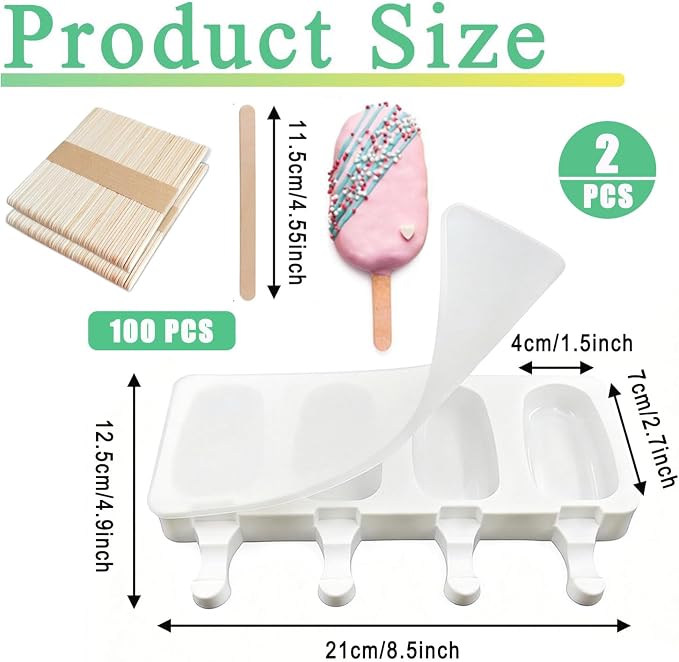 2 Pack Silicone Popsicle Molds，Oval 4 Cavities Homemade Ice Pop Molds with 100 Wooden Sticks for Ice Cream, Cakesicles, Cake Pop