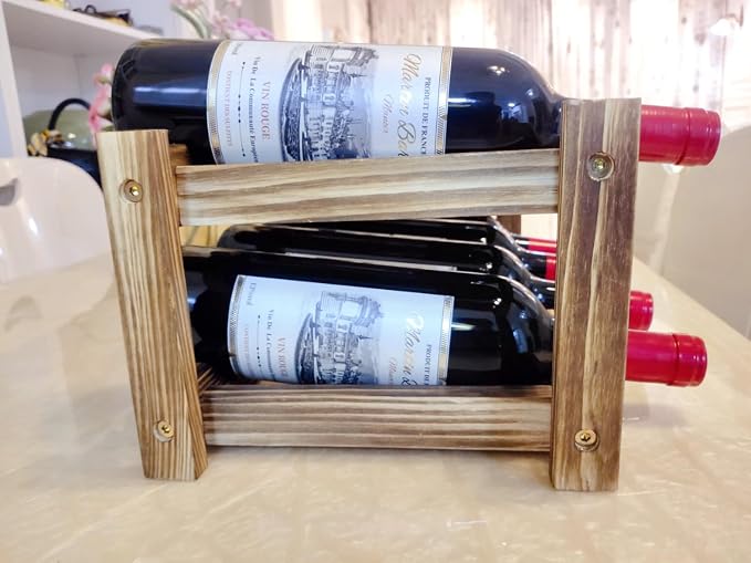 8-Bottle Wood Wine Rack - 2-Tier Countertop Wine Bottle Holder for Kitchen, Bar, Pantry, Dining Room | Small Freestanding Stackable Liquor Storage Organizer, Carbonized Pine